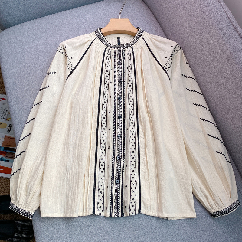Treasure Item Retro Ethnic Style Exquisite Lace Embroidered Shirt Round Neck Casual Pleated Cotton Long-Sleeved Top for Women