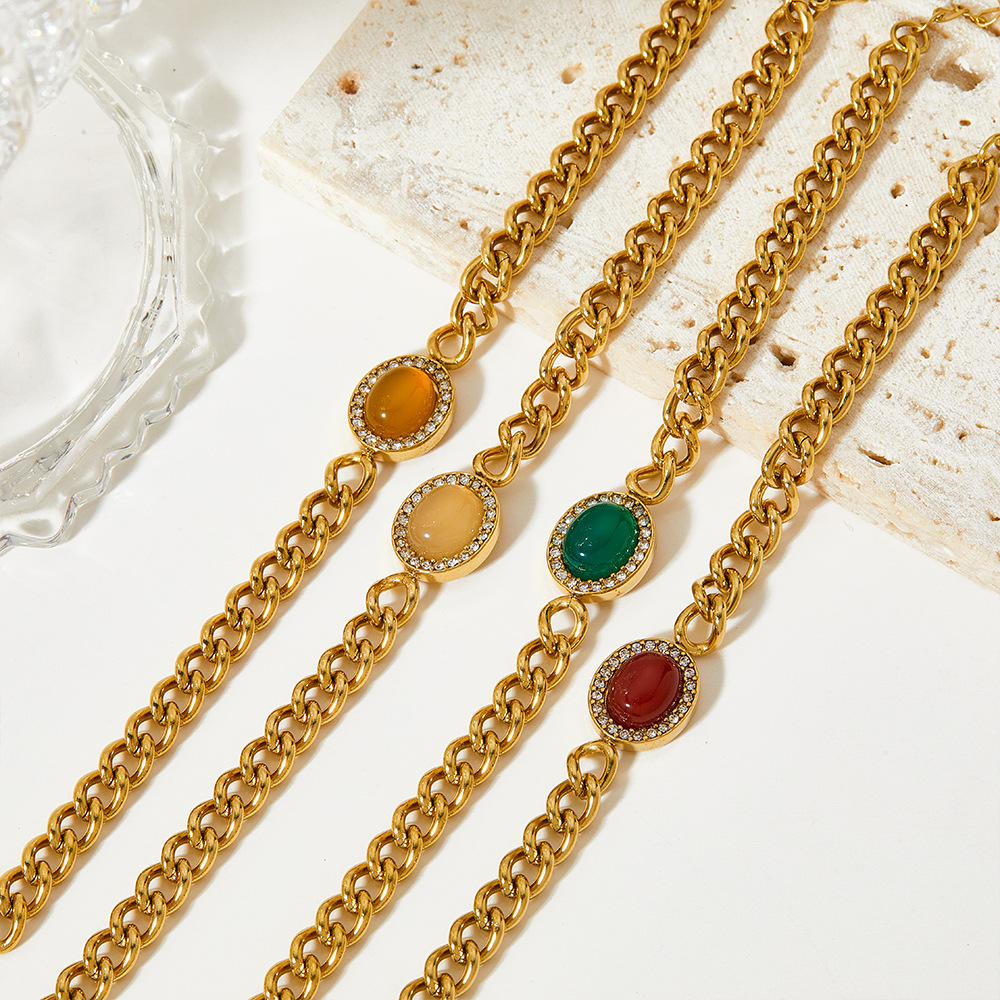 16K Real Gold Plated, Platinum Plated Plating Material 304 Stainless Steel Pendant Material Fashion Oval Stainless Steel Plating Inlay Agate Zircon Bracelets 1 Piece