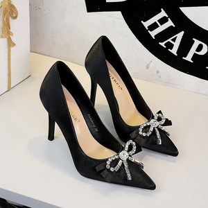 3391-H133 French style elegant rhinestone bow temperament super high heels women's shoes pointed shallow mouth slim