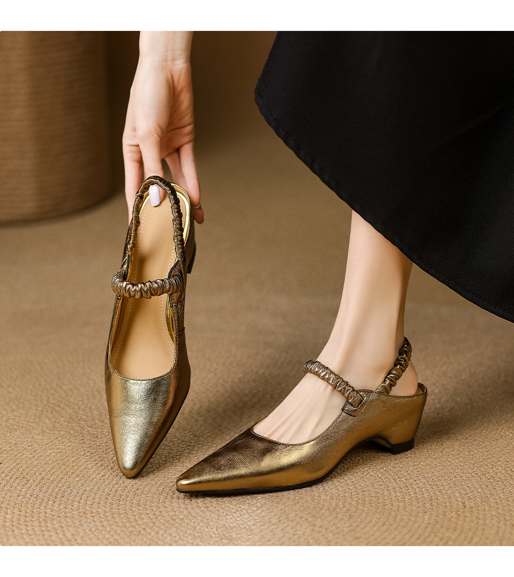 Sandal cao gót nữ mũi nhọn bít mũi da cừu kiểu Pháp, gót cao 9 cm — Màu vàng chi tiết 5