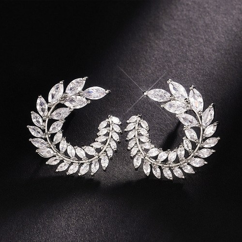 Cao Shi Amazon New Exquisite Over-the-Top Full Diamond Earrings European and American Fashion Grand and Street-Style Leaf Swirl Stud Earrings