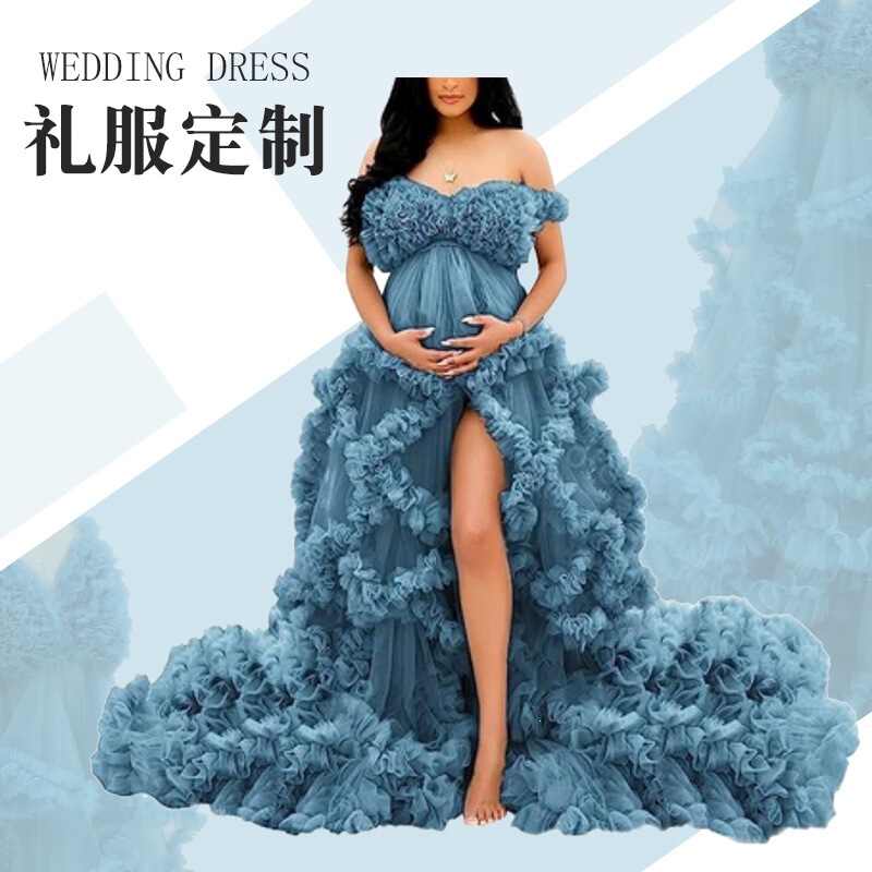 Thin Mesh Maternity Long Dress with Floral Pleats and Leg-Exposing Design, Elegant Style Dress for Photo Shoots and Evening Wear