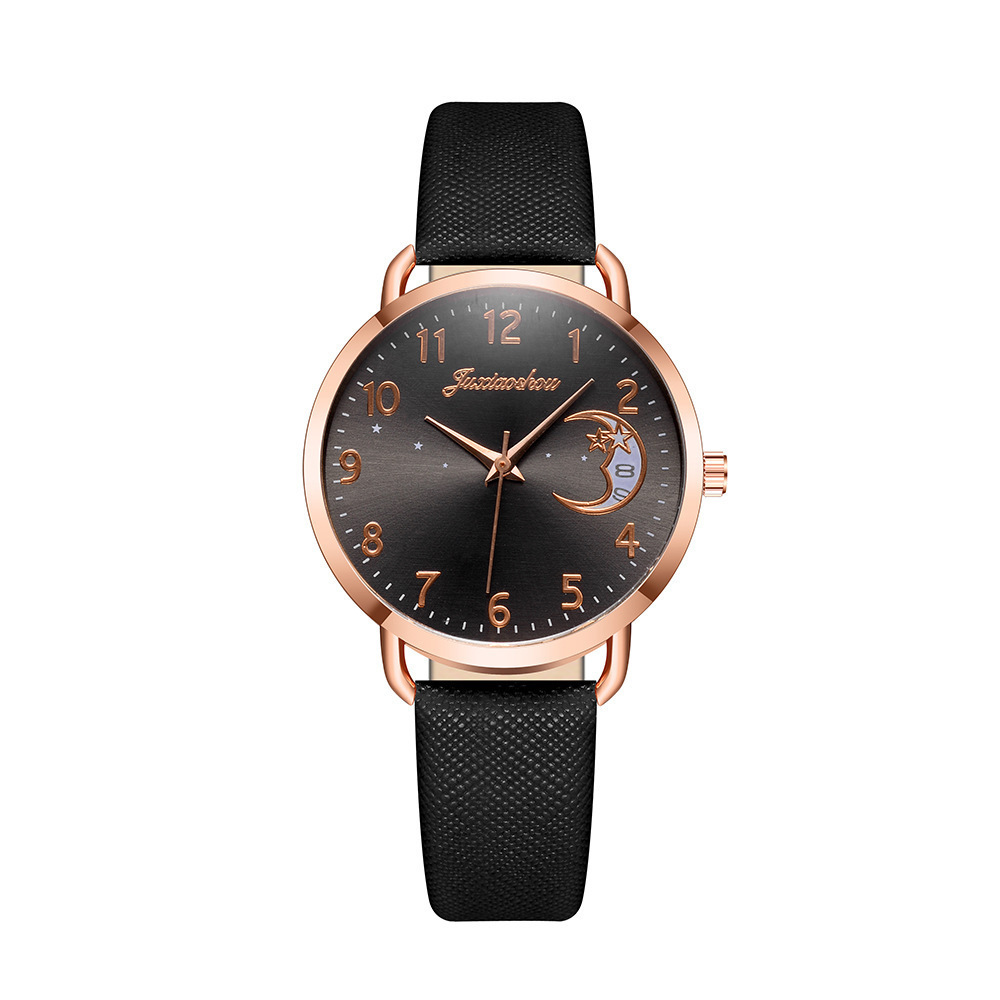 new hot women's personality quartz watch set Pu with moon pattern dial with calendar_voghion.com