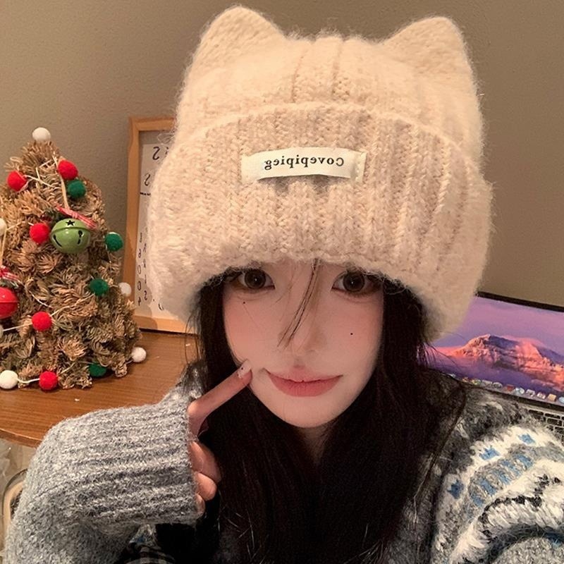 可爱猫耳朵针织毛线帽女秋冬季韩版显脸小帽子加厚保暖护耳包头帽|undefined