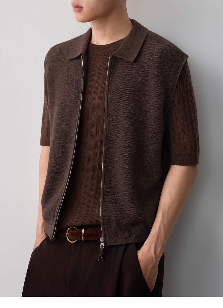Áo gile len nam pha linen dáng cardigan khóa kéo phong cách công sở — đen chi tiết 26