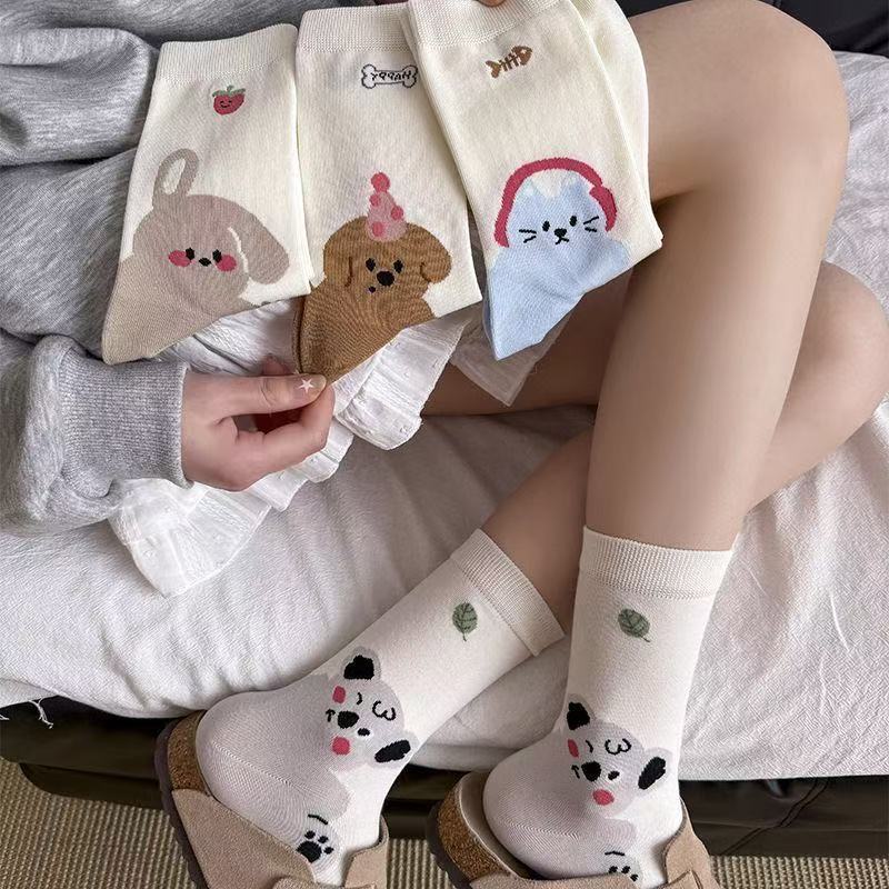 少女可爱腊肠小狗袜子女中筒袜春秋新款纯棉日系卡通个性堆堆长袜