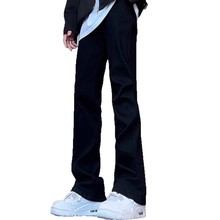 黑灰弯刀微喇牛仔裤男秋季小众拼接水洗做旧裤子美式高街直筒长裤