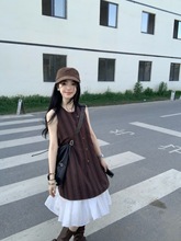 气质美拉德条纹蕾丝气质小众拖地阔腿裤2025夏季女棕色连衣裙