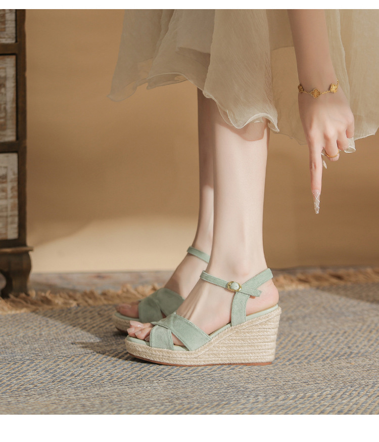 Sandal cao gót nữ hở mũi đế xuồng gót cao 9 cm, quai ngang đan dây thừng — Xanh lá cây nhạtcolor chi tiết 13