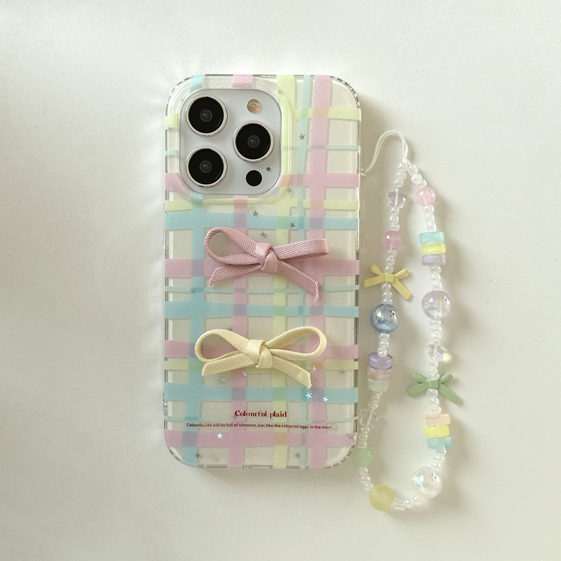 Pequeño arco tridimensional a cuadros fresco para Apple 15ProMax funda para teléfono móvil cadena 16Pro 14/13 nuevo 16