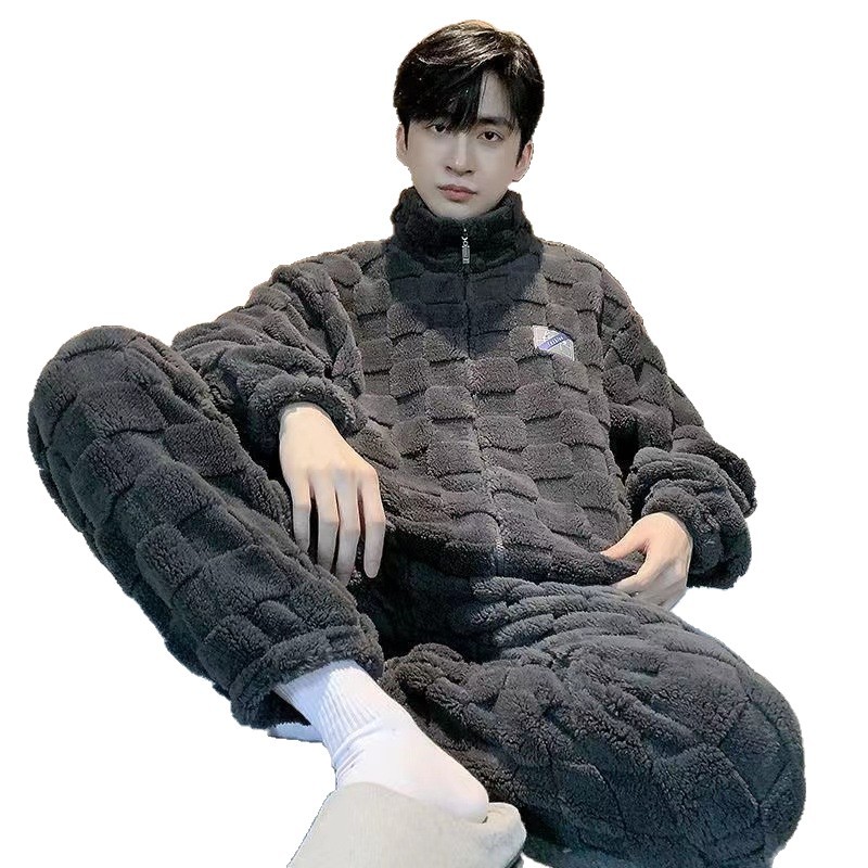Pijamas de franela para hombres de invierno nuevo tamaño casual simple cuadrado coral veludo grueso con cremallera ropa para el hogar al por mayor