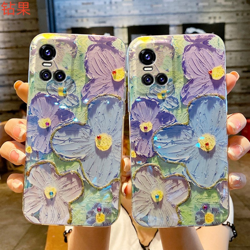 满屏油画花朵适用VIVOS16手机壳X80Pro蓝光点钻IQOONEO全包保护套