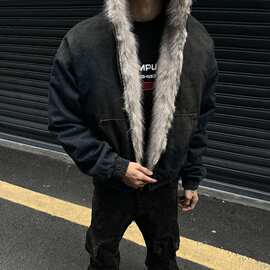 新款冬季水洗牛仔男式棉服加绒外套美式街头废土风棉服