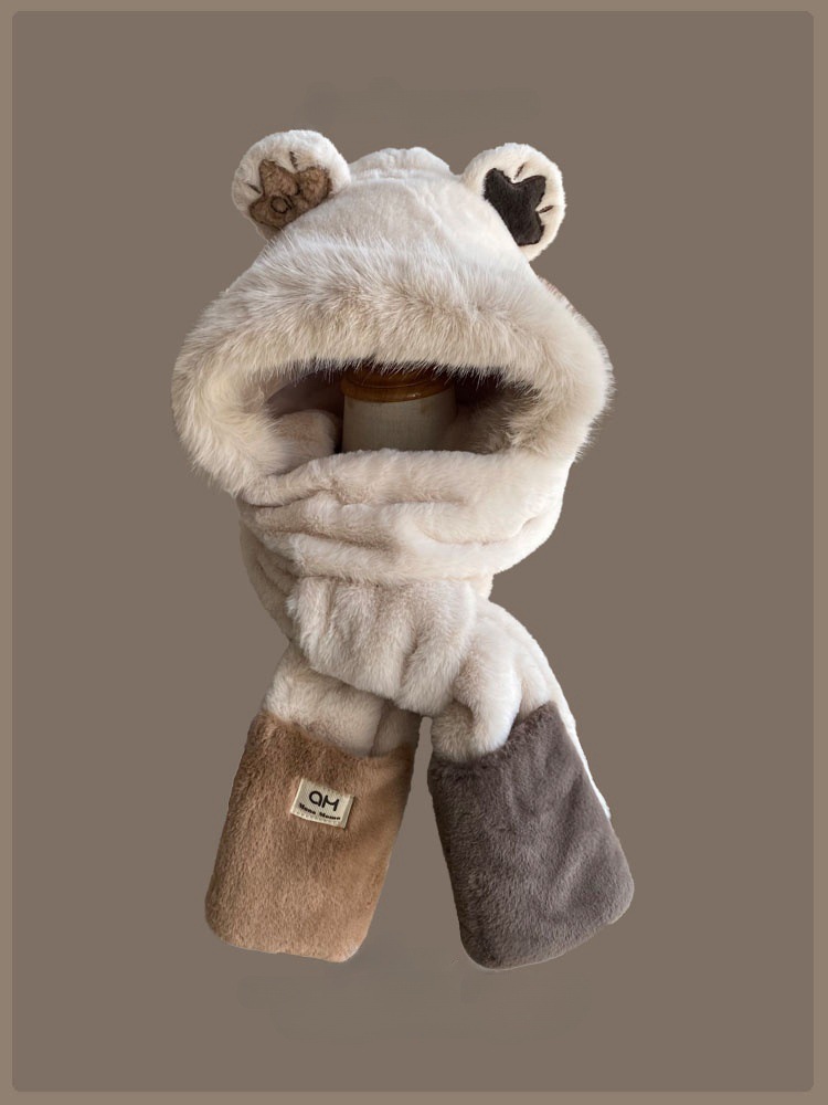 Añadir vello grueso lindos sombrero bufandas de oso en un conjunto de dos piezas para mujeres otoño y invierno nuevo buñuelo de peluche cálido con sombrero