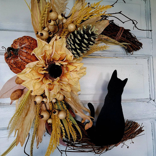 Hong Kong Love Cross-border Halloween Moon Cat Garland Door Hanging Decoration Festive Dead Branch Kitten Rattan Circle Atmosphere Decoration