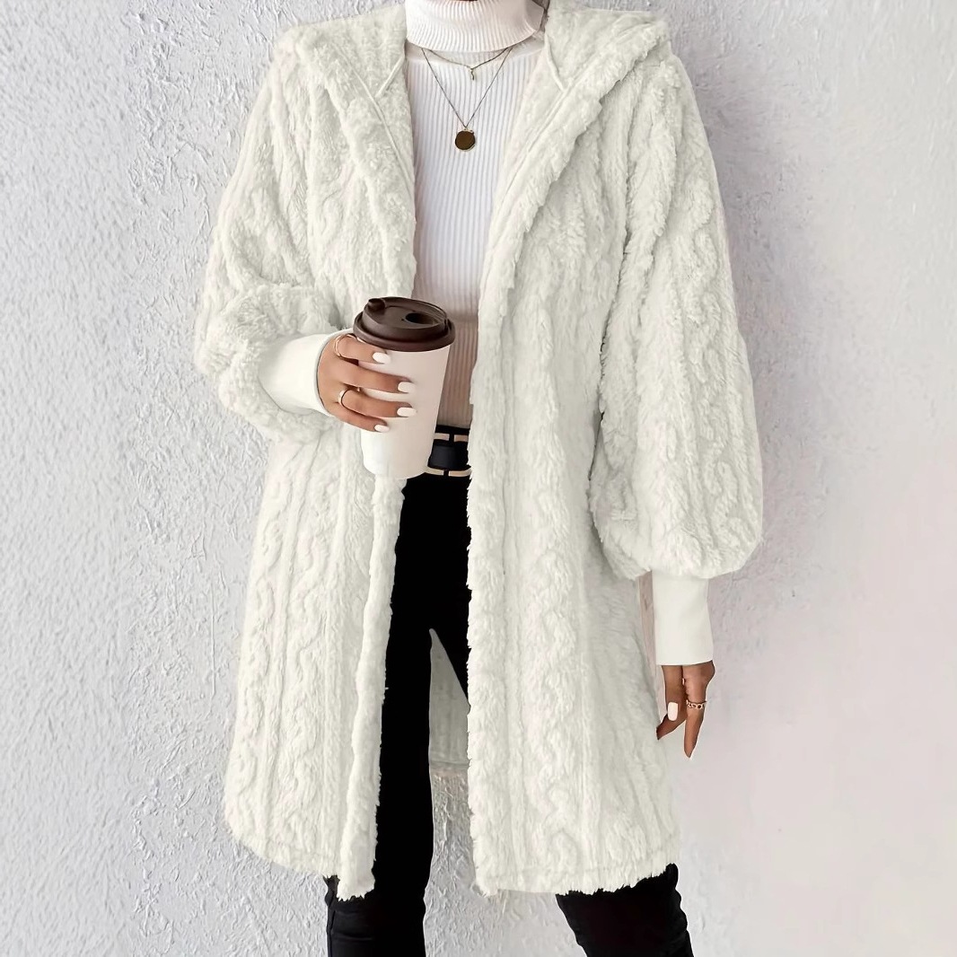 速卖通 Wish ebay2025秋冬欧美女装纯色长袖连帽宽松毛绒绒外套女