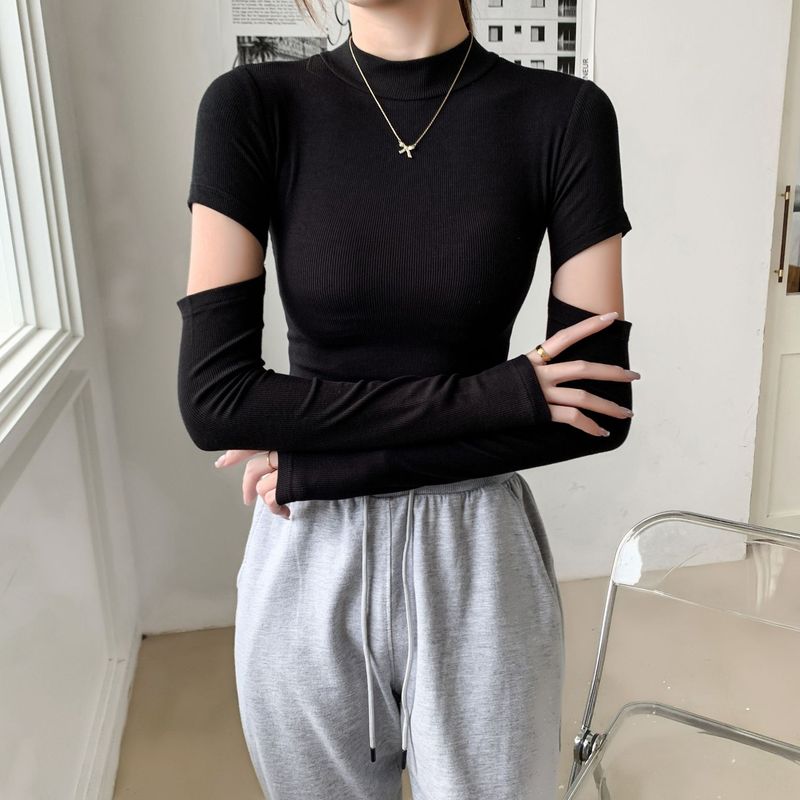 女性用ブラックハーフタートルネックボトリングシャツ、2025春夏新作スリムフィットショート長袖デザイン中空トップ|undefined