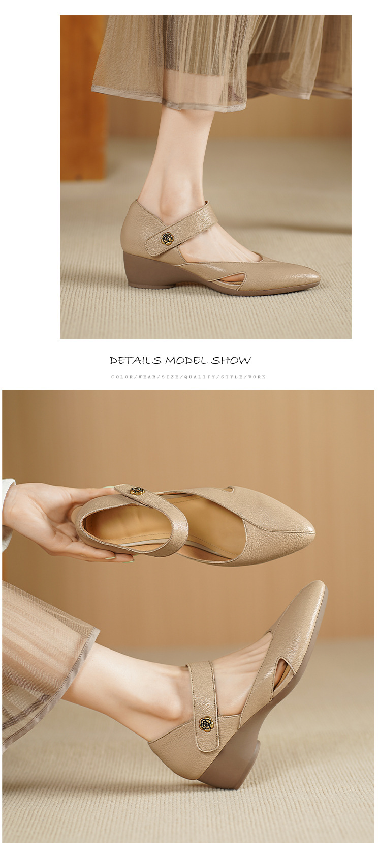 Sandal nữ đế xuồng mũi nhọn da cừu, gót 7 cm, phong cách retro — Màu trắng nhạt chi tiết 5
