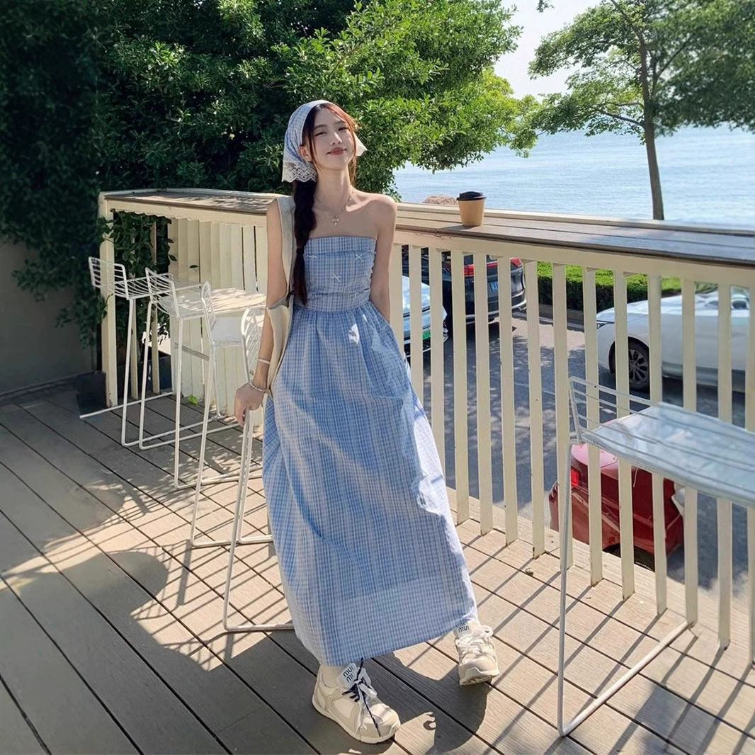 Французские синие клетчатые подтяжки юбки для женщин лето 2025 новый приморский праздник без рукавов жилет длинное платье