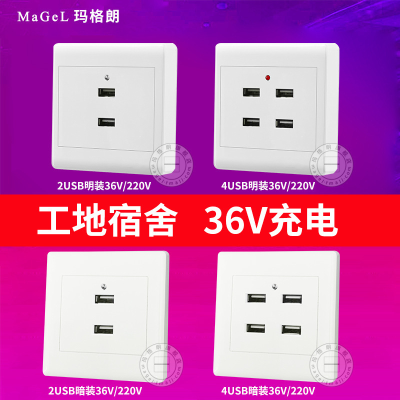 Ming-installed USB wall socket panel 24 220V 36V to 5V site low voltage 36V 24USB mobile phone charging
