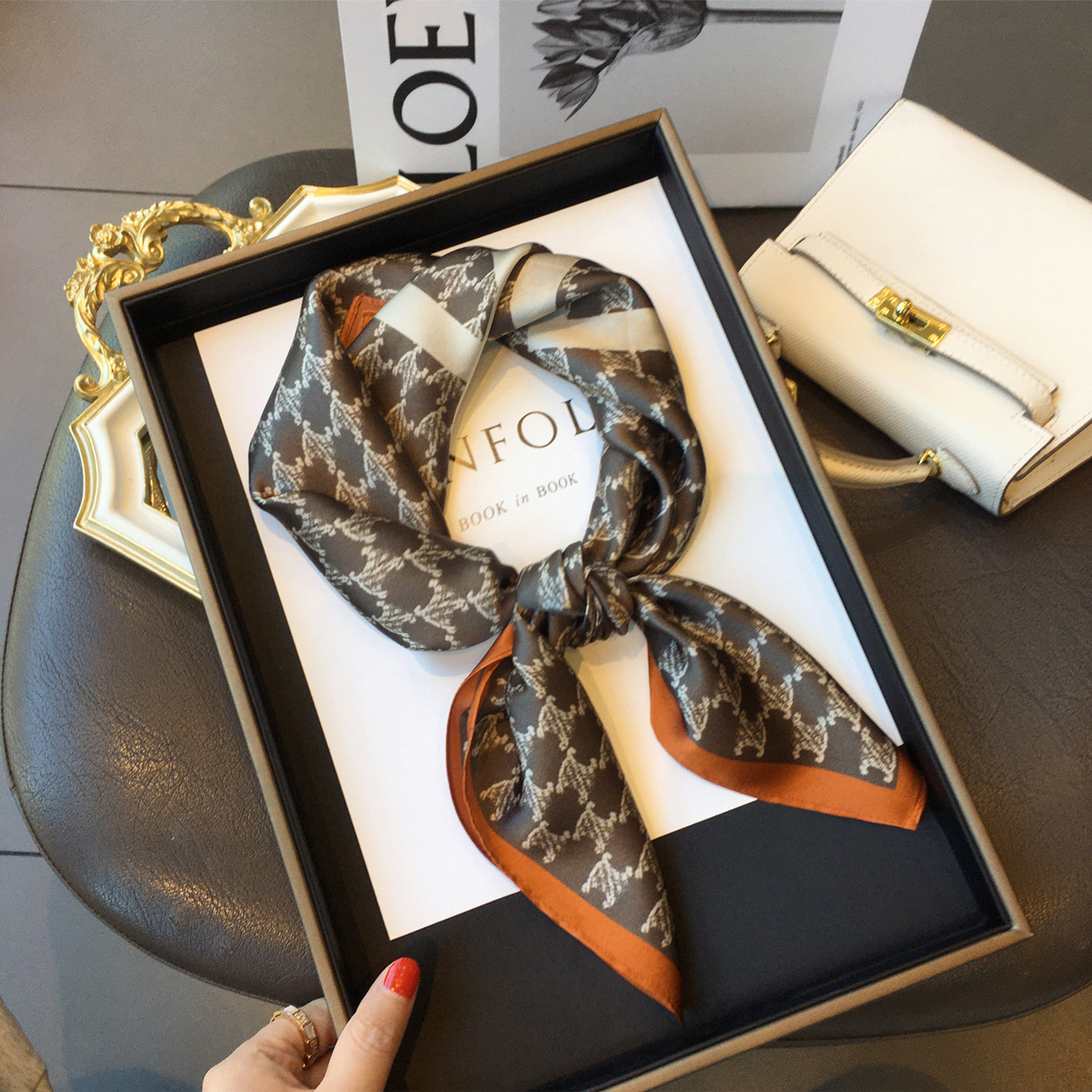 Women's Pure Silk Scarf 2025 New Cashew Polka Dot Square Scarf Autumn/Winter Luxury Old Money Style Korean Necktie - Thumbnail 7