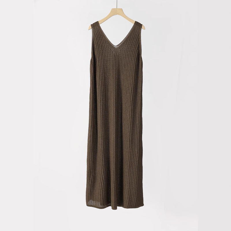 New V-Neck Camisole Sweater Dress, Slim Fit, Solid Color, Mid-Length Dress, Sleeveless, Tencel, Skin-Friendly
