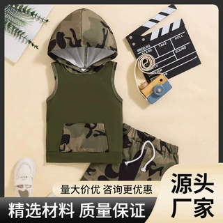 跨境外贸儿童装迷彩连帽无袖背心款运动上衣短裤男童马甲两件套