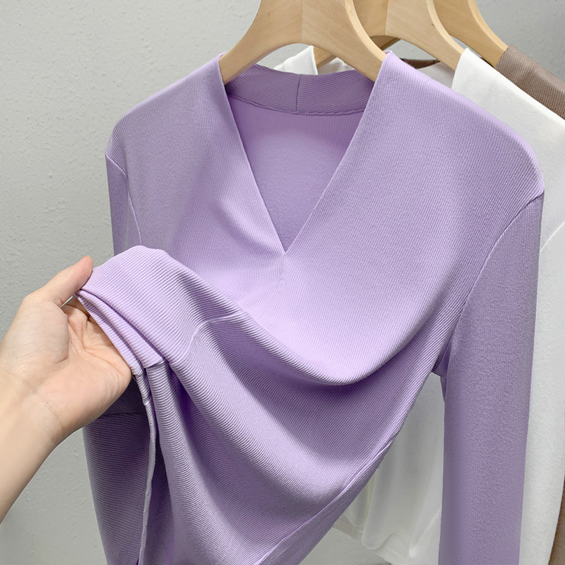 Medium-sleeved T-shirt Women's New Women's Clothing Solid Color Threaded Half-sleeved T-shirt Temperament Deep V-neck Waist Top Short Sleeve_ecoleips.com
