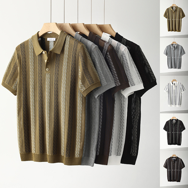 Polo camiseta de punto camiseta de manga corta camiseta de hombre solapa rayas huecas viejos vientos de alto nivel de verano fábrica transfronteriza al por mayor