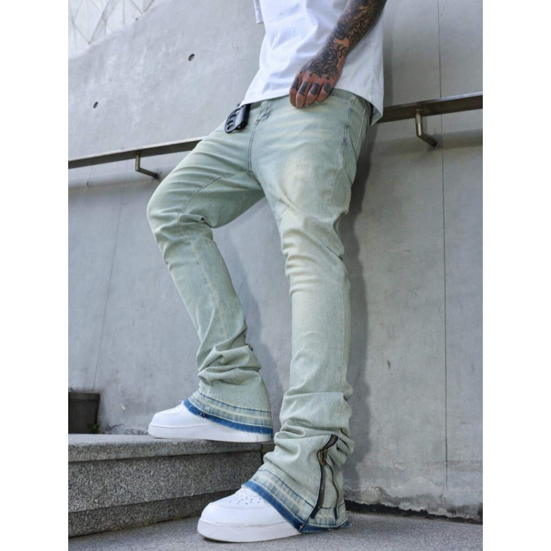 Temu Cross-Border Export New Denim Men's Light-Colored Washed Stacked Jeans with Ankle Zipper