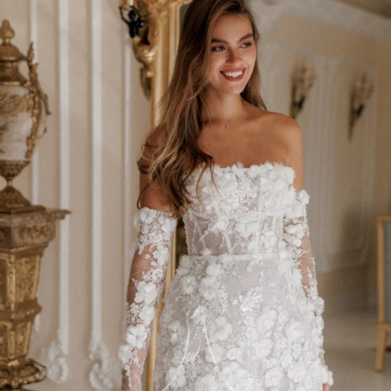 2025 European and American Style Mini Wedding Dress, Elegant Off-Shoulder Strapless Long-Sleeve Dress That Accentuates the Figure, with a High-End Feel 2025 European and American Style Mini Wedding Dress, Elegant Off-Shoulder Strapless Long-Sleeve Dress That Accentuates the Figure, with a High-End Feel