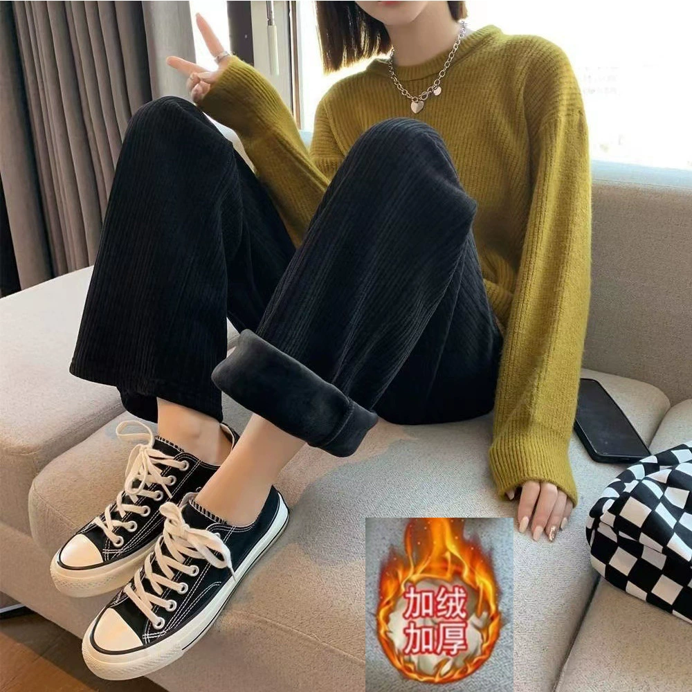 Corduroy High-Waist Trousers, Women's Demi-Season, Warm Lined Loose Straight Fit