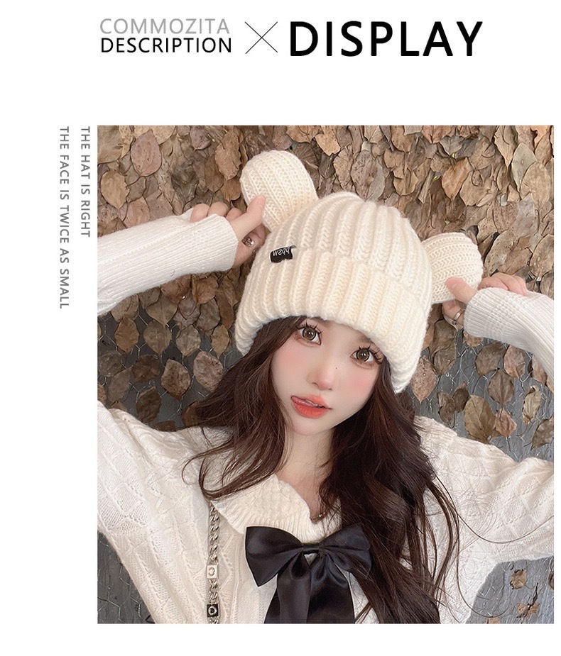 Nouveau visage montrant des oreilles d'ours tricoté chapeau de laine automne et hiver édition coréenne chaud tricoté chapeau japonais polyvalent mignon chapeau froid fille_voghion.com