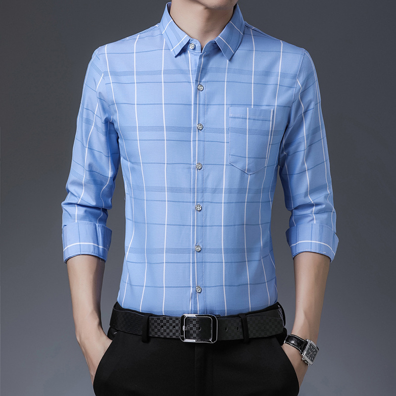 Spring and Autumn Live Plaid Commuting Shirt New Men's Middle-Aged Business Casual Shirt Chest Real Pocket Shirt