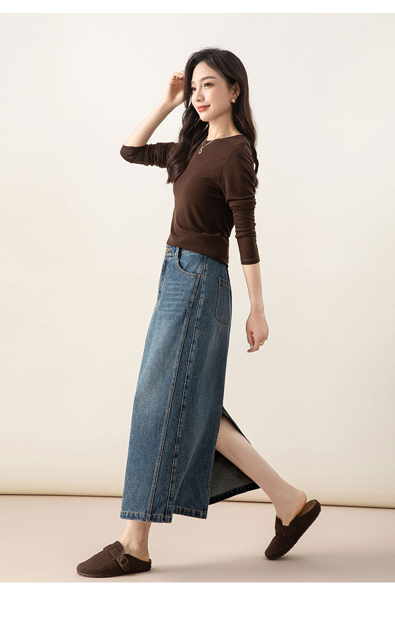 Chân váy denim Lyocell nữ cạp cao dáng A xẻ tà dài trung bình — màu xanh chi tiết 23