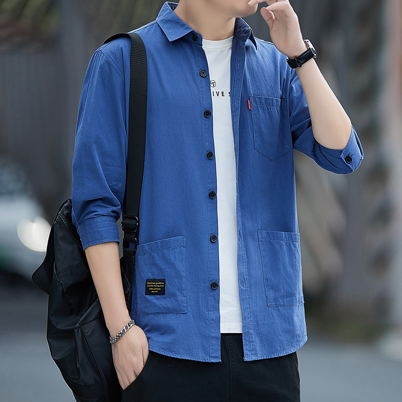 23 Summer New Cotton Men's Mid-Sleeve Shirt Casual Trendy Seven-Sleeve Shirt Thin All-Match Solid Color Top