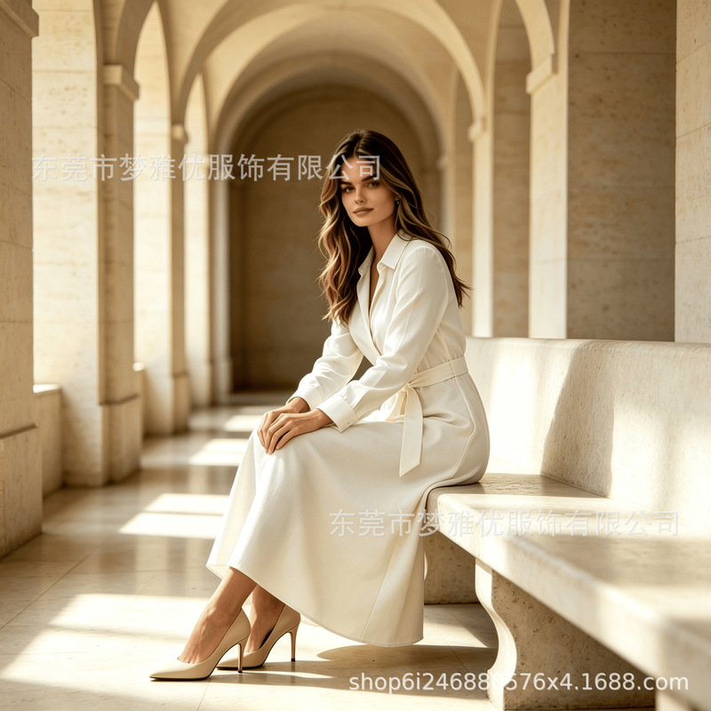 European and American high-end style 2026 long-sleeved dress with a lapel collar, waist-cinching tie, and mid-length design, shipped directly from the women's clothing factory for cross-border sales