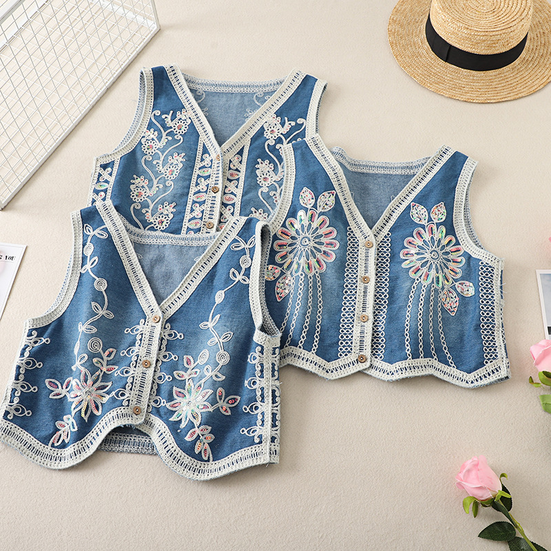 Heavy Industry Crochet Flower Embroidered Denim Vest Vest Women's Spring and Autumn Design Sweet Age-reducing Waistcoat Top