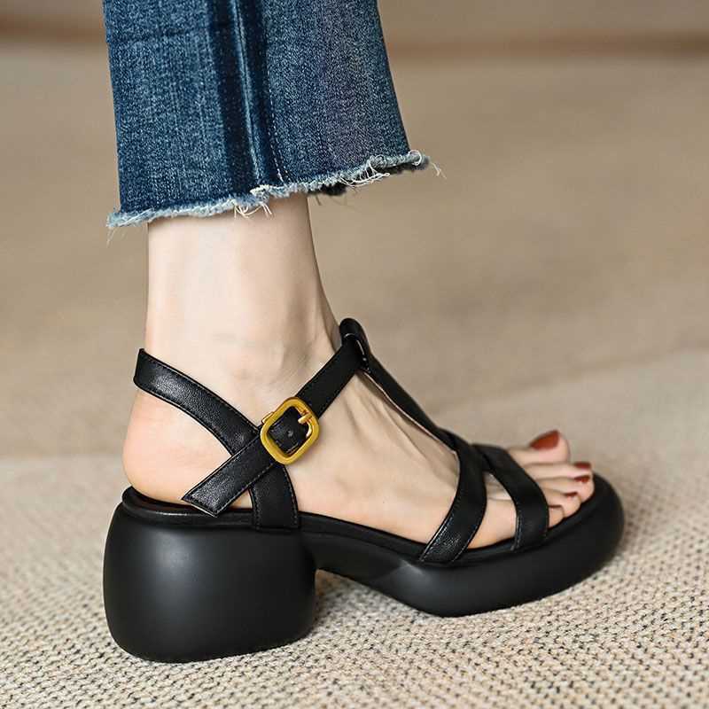 Real Soft Leather High Heel Shoes Women's 2025 Summer New Soft Bottom Retro Type Platform Open Toe Thick Sandals