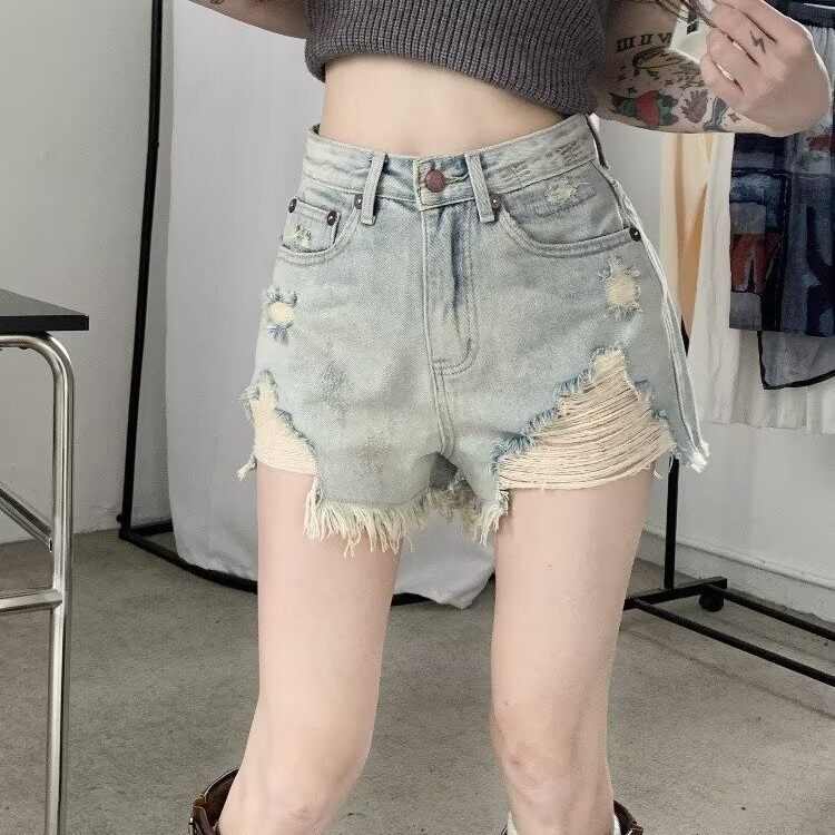Blue Frayed Ripped Denim Shorts for Women 2025 Summer Hot Girl A-Line Hot Pants High-Waisted Slimming Pants Ins Trend