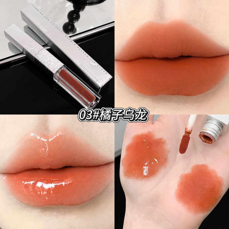 Kakashow fluye brillante doble cabeza labios brillante seda seda de desarrollo de color espejo transparente esmaltado doble efecto lápiz labial