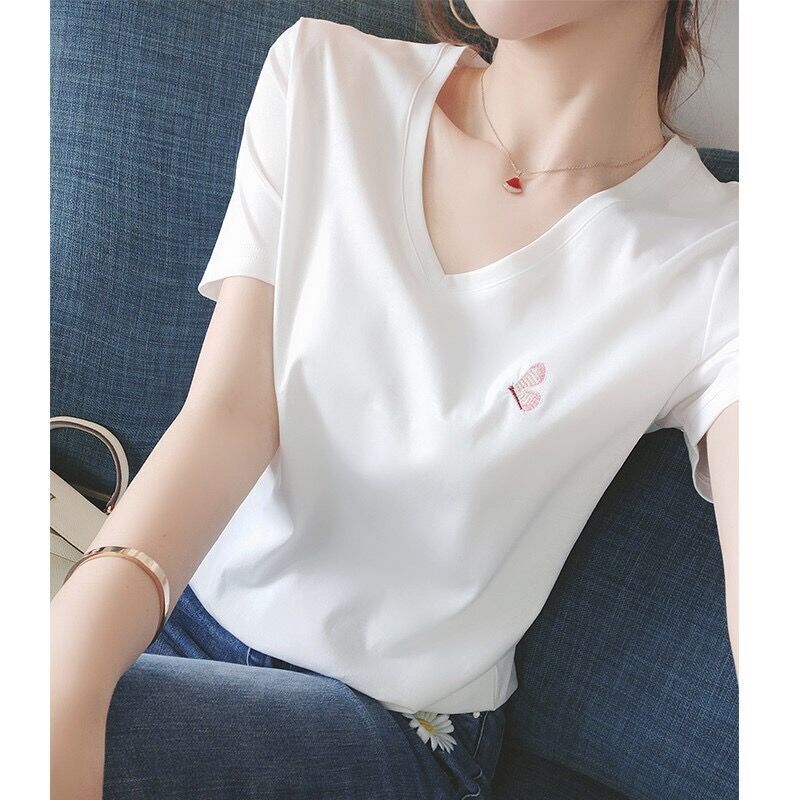 100 cotton short-sleeved T-shirt women's V-neck 2022 spring and summer New ins embroidered slim fit all-match T-shirt top
