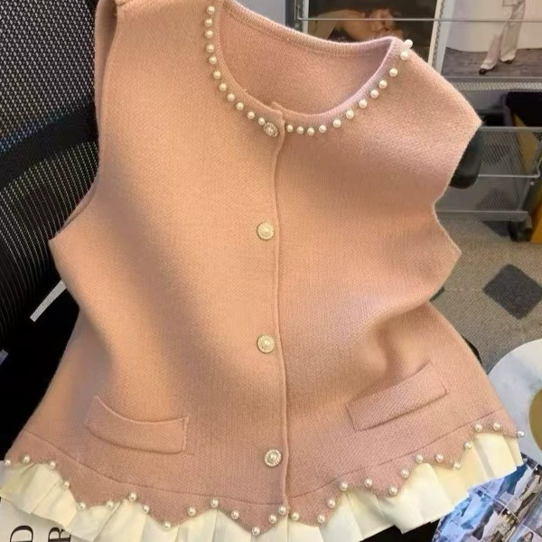Маленький ароматный жилет из бисера для женщин, весенний стиль, высококачественный вязаный жилет, искусственная юбка из двух частей, топ