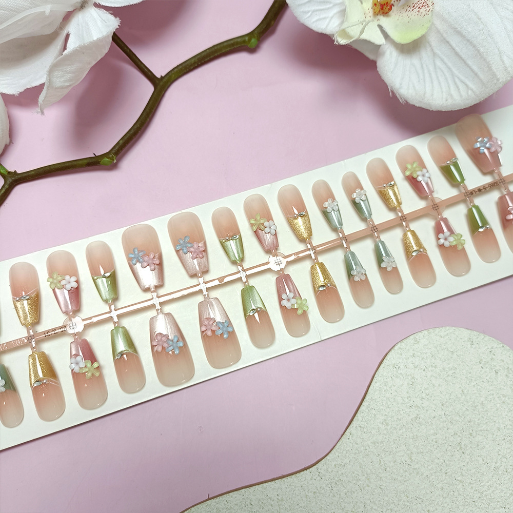 Juego de 10 piezas de decoración floral para uñas, uñas postizas hechas a mano de alta gama, pegatinas de uñas 3D con efecto ojo de gato y diamantes de imitación, tendencia en TikTok.