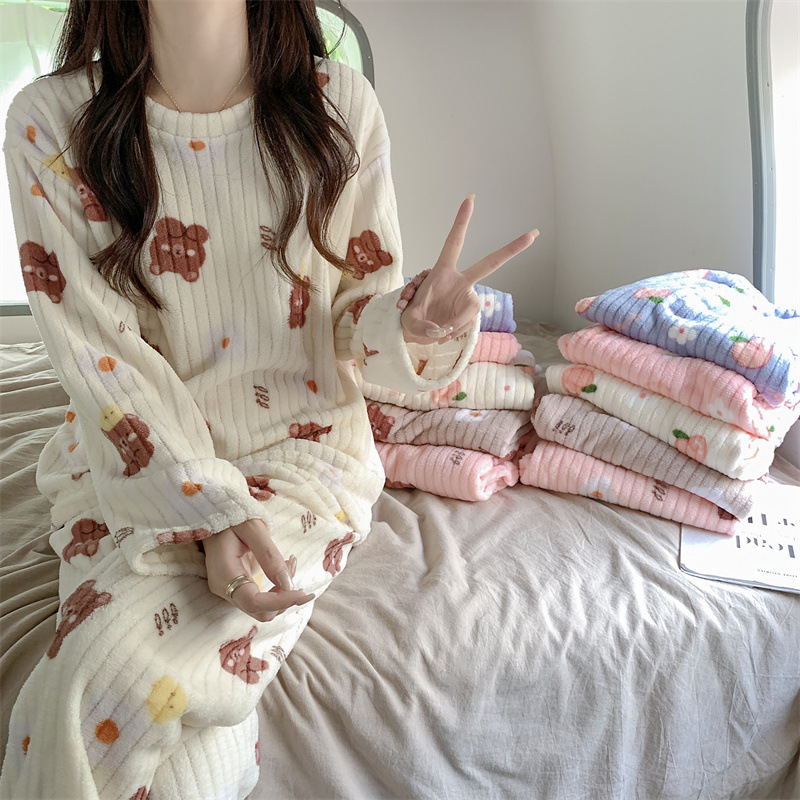 卡通珊瑚绒睡衣春冬长袖加厚加绒法兰绒冬季天家居服套装