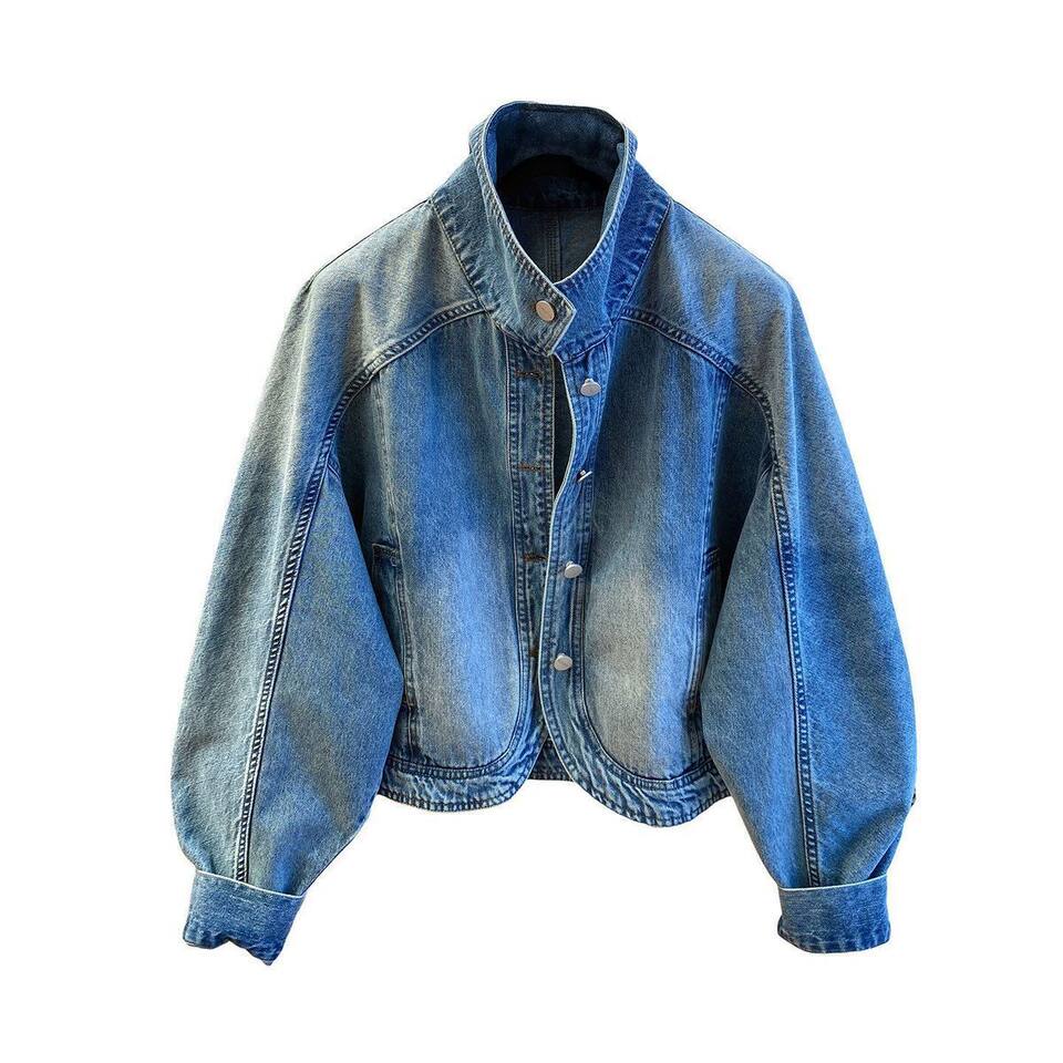 Áo khoác denim nữ dáng rộng cổ bẻ phong cách retro, tay dài, mùa thu — Màu xanh dương chi tiết 6