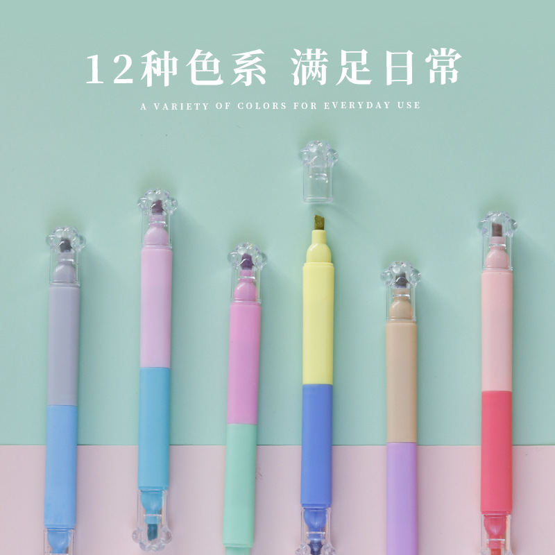 Doble cabeza de doble color marcador de punta de alumno de alto valor de color gato agarrar cuentas de color de bolígrafo de cuchillo de 12 colores conjunto