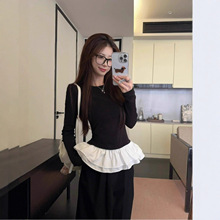 芭蕾风撞色假两件荷叶边长袖T恤打底衫女秋冬款拼接内搭外穿上衣