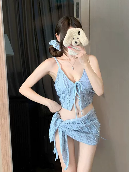 Lace Pure Desire Style Bikini Three-Piece Set Deep V Strap Tie Korean Ins Style High-End Seaside Swimwear Wholesale
