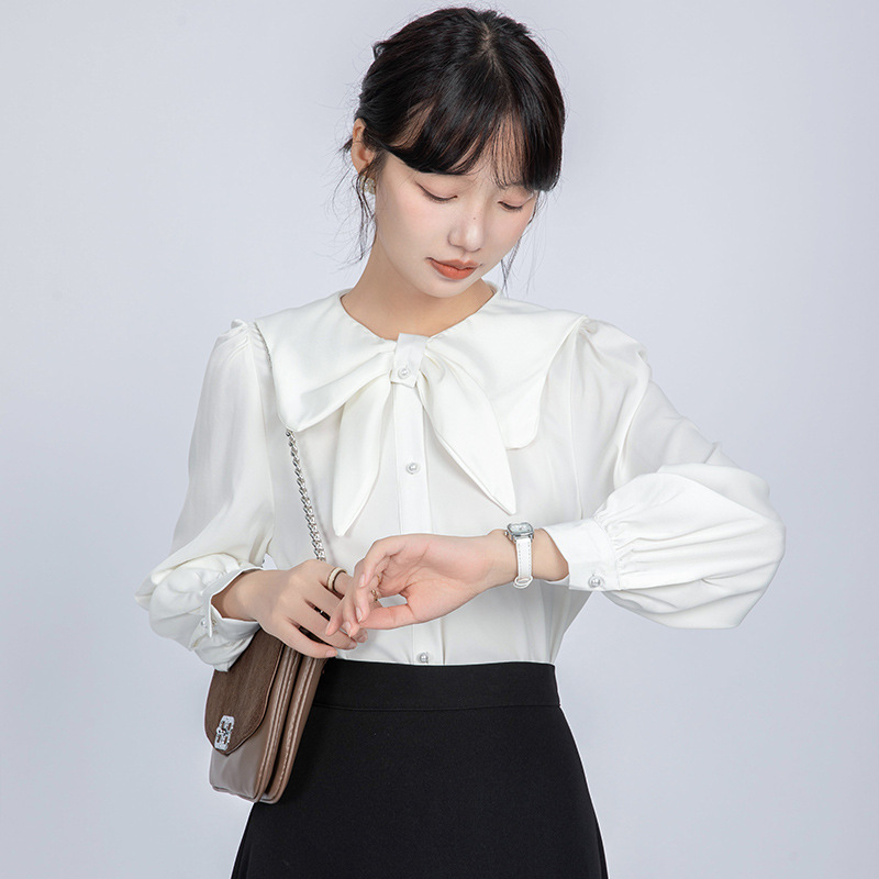 实拍娃娃领蝴蝶结缎面白色衬衫女年秋季新款通勤职业内搭上衣|undefined